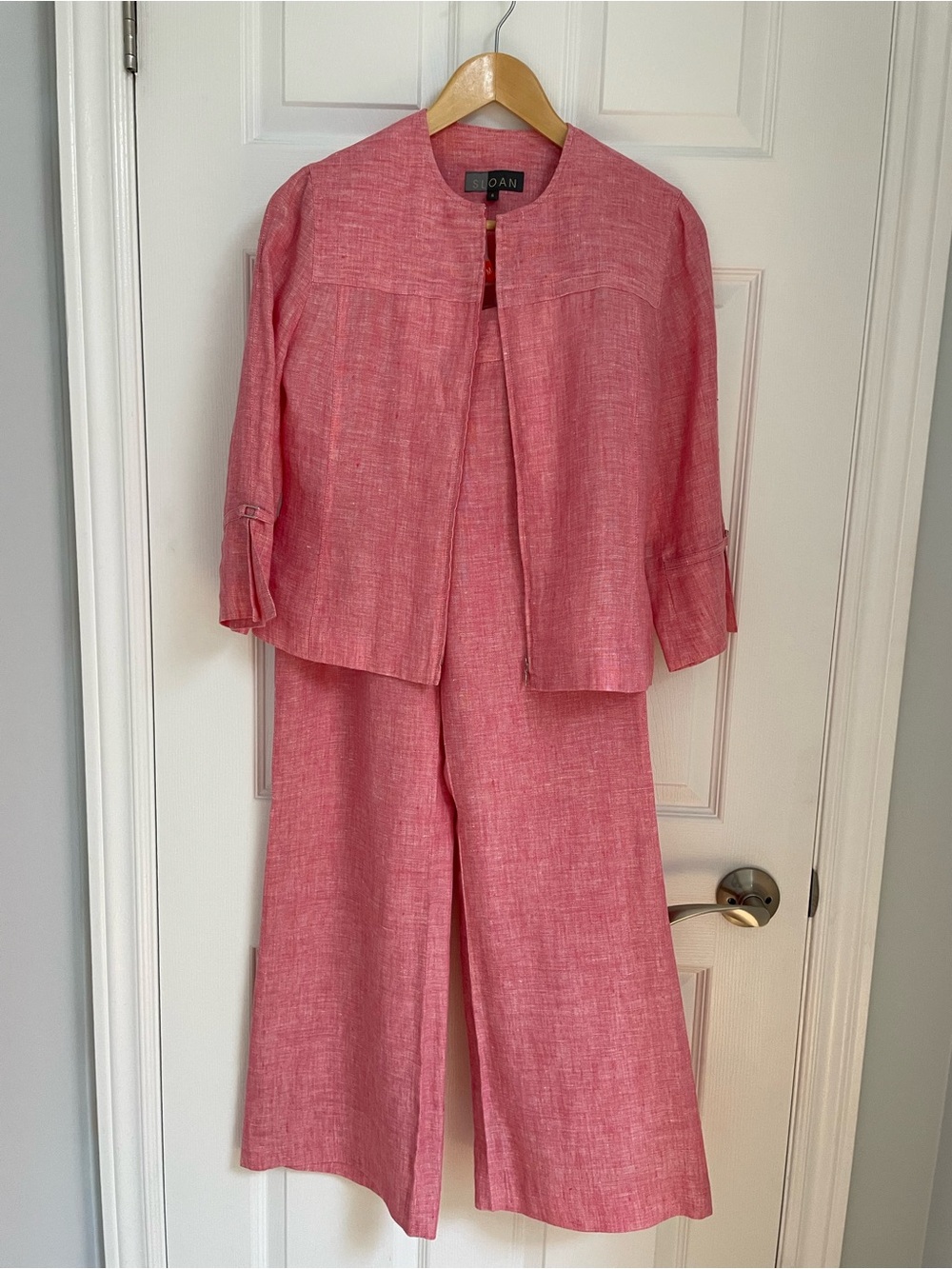 Red Linen Cropped Jacket & Wide-Leg Pant Set